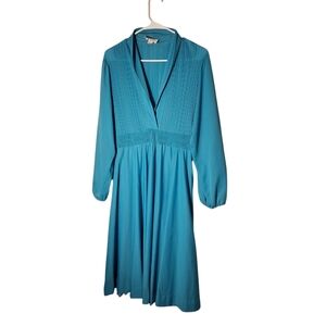 Vintage Turquoise TEAL Dress Long Sleeves Pleated ACCENTS MOBWIFE 70's